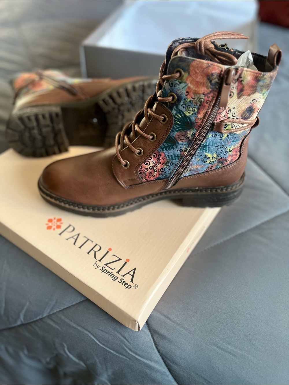 Patrizia Brown Leather Combat Boots with Multicolor Textile Panels